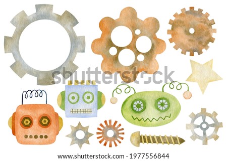 Watercolor set of rusty nuts, springs, washers, gears, stars, robot heads isolated on a white background.