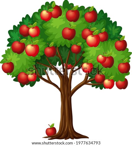 Many red apples on a tree isolated on white background illustration