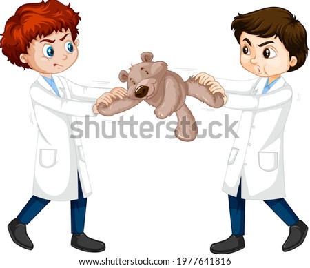 Two boy scientist fighting over a teddy bear illustration