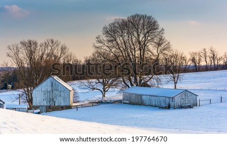 Snow-covered farm in rural Carroll County, Maryland.