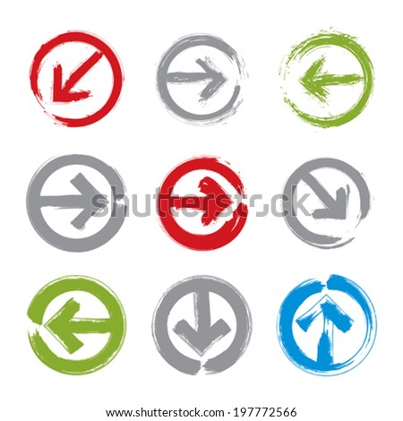 Set of hand-painted colorful direction button isolated on white background, collection of simple arrow icons created with real hand-drawn ink brush scanned and vectorized.