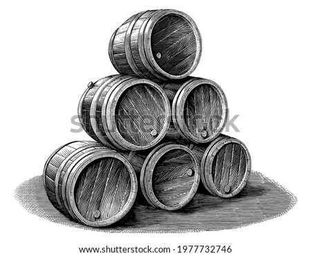 Stack of Beer barrel hand drawn vintage engraving style black and white clip art isolated on white background