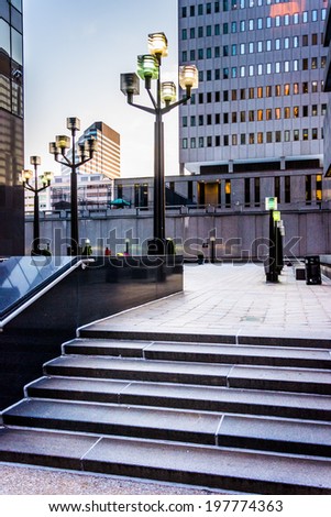 Stairs and modern buildings at Hopkins Place in downtown Baltimore, Maryland.