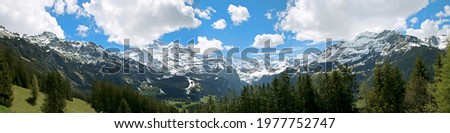 Panoramic picture of snow covered mountain tops in Switzerland. Lauterbrunnen landscape with green grass, evergreen trees and a picturesque mountain range with blue skies and some clouds.
