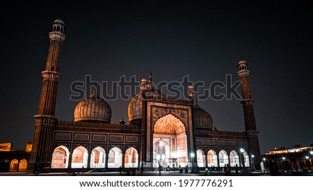 Late night picture of architectural monument(Jama Masjid), build by Mughal ruler Shahjahan.