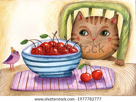 watercolor illustration 
cat and cherry