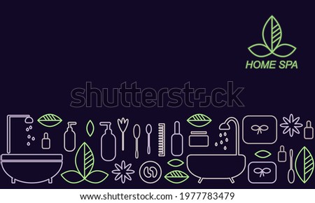 Home spa with a pattern of hygiene supplies and space for text banner. Vector illustration neon color on a dark background.