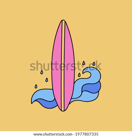 Cute and colorful hand drawn vector surfboard with a waves and water drops for the ocean, sea, water sport and activities. Stylized illustration with hand drawn outline isolated on background.