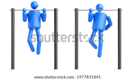 3d render. Abstract man symbol, sports clip art isolated on white background. Pull-up bar workout. Sportsman athlete icon set