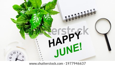 On a light background, there is a white alarm clock, a magnifying glass, a green plant and a notebook with the words HAPPY JUNE.