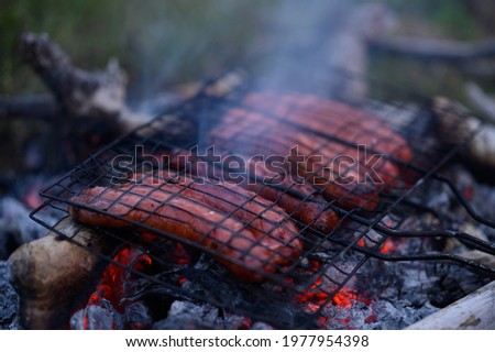 The photo shows how six sausages are being fried over a fire on a barbecue grill. The picture shows the embers from the fire and the heat with smoke.
