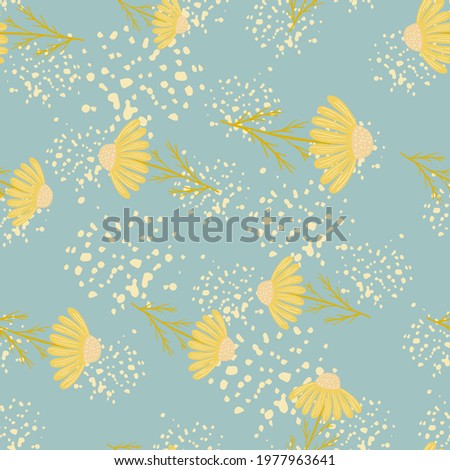 Hand drawn random yellow daisy flowers seamless pattern. Blue background with splashes. Vintage style. Decorative backdrop for fabric design, textile print, wrapping, cover. Vector illustration.