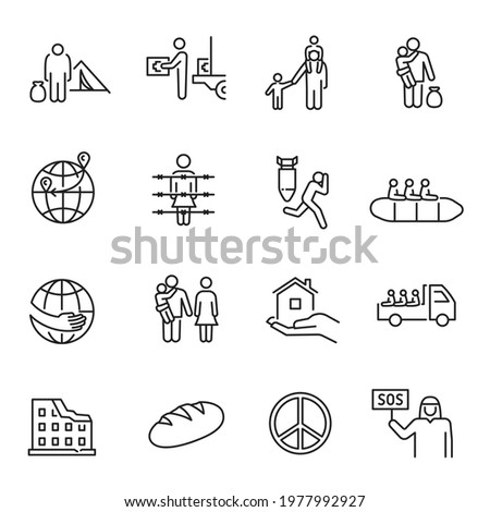 Collection of monochrome simple refugees icon vector illustration. Set of displaced person, homeless, poor, shelter, evacuate, persecution, prison, escape isolated. Concept of international problem Royalty-Free Stock Photo #1977992927