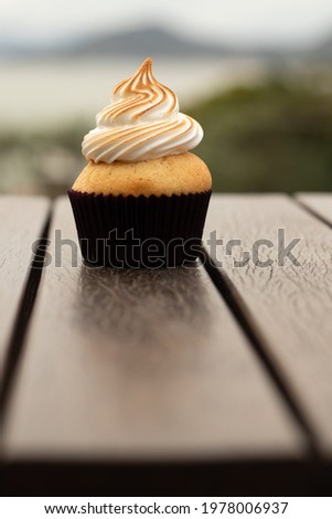 Small and tasty cupcake. Vertical image. Blurred background.