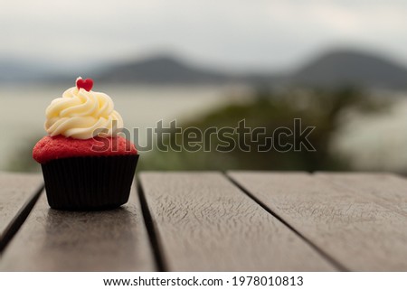 Small tasty cupcake on a dark ripped wooden table. Horizotal image with cupcake on the side leaving space for text. Blurred background.