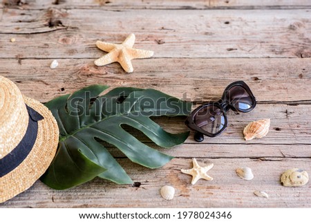 Beach accessories: glasses and hat with shells and sea stars on a colored background. Summer background