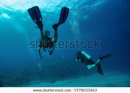 Close up photo of two divers swimming close to each other at foreground and three more far away in murky dark blue water. Light surface, air bubbles from underwater breathing. Tropical Scuba Divers