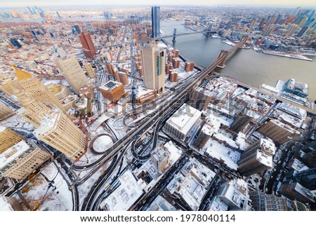 Downtown Manhattan covered in snow. 