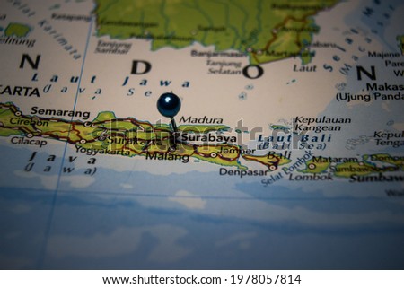 Surabaya, city in Indonesia pinned on geographical map
