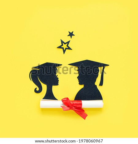 graduation background. paper silhouettes of graduate students and Graduation diploma on yellow background. Degree day, Education concept. National Higher Education Day. flat lay. element for design