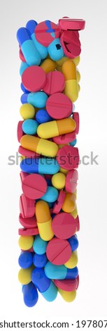 Hebrew Letter Nun soffit made of various colorful pills and tablets. 3d illustration medical's font. isolated on white background