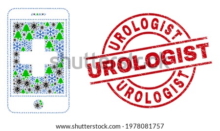 Winter Covid collage medical mobile app, and Urologist red round stamp. Collage medical mobile app is organized with virus, green tree, and frost icons. Red Urologist stamp uses circles and lines.
