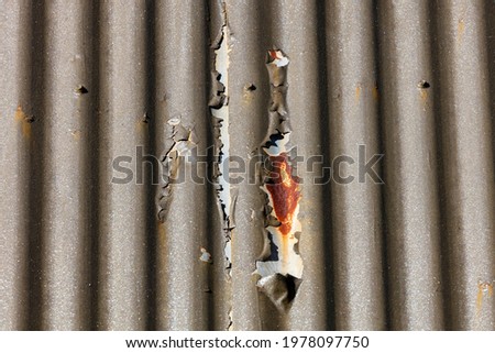Photograph of brown paint peeling off a corrugated iron roof due to exposure to the environment
