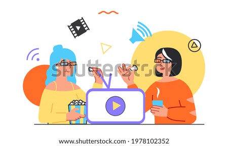 Girlfriends watching online movie playing on cellphone screen and discussing. Blogger channel. Flat abstract metaphor cartoon vector illustration concept. Simple art isolated on white background.