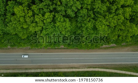Aerial top down 4k view of white car driving on rural road in forest. Cinematic drone shot flying over gravel road in pine tree forest
