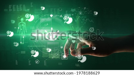 Doctor hand pressing futuristic health device with medical symbol on screen