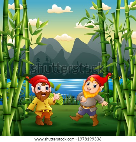 Two cute dwarves in a garden illustration