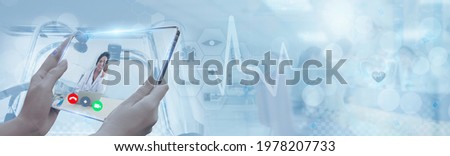 Medical service telemedicine online doctor to patient virtual hospital concept,woman holding smart tablet video call conference remote physician consultation treatment mental health,web banner header Royalty-Free Stock Photo #1978207733