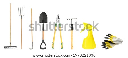 Set with different gardening tools on white background. Banner design Royalty-Free Stock Photo #1978221338
