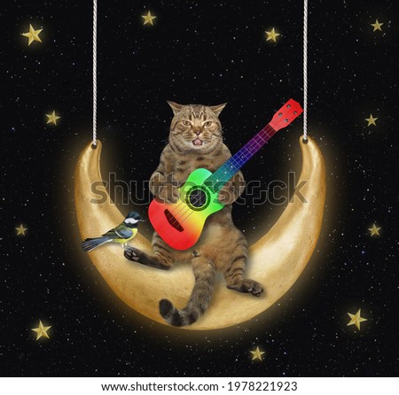 A beige cat with an acoustic guitar is swinging on the moon at night.