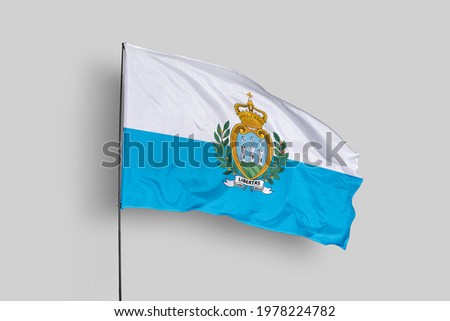 San Marino flag isolated on white background with clipping path. close up waving flag of San Marino. flag symbols of San Marino. San Marino flag frame with empty space for your text.