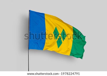 Saint Vincent flag isolated on white background with clipping path. close up waving flag of Saint Vincent. flag symbols of Saint Vincent. Saint Vincent flag frame with empty space for your text.