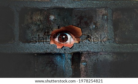 Eye looking through the hole on cracked wall. Spy peeking through hole in brick wall. Spy concept.