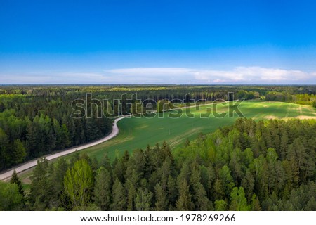 aerial view of  colorful green field under a blue sky along the edges of which there is a green forest and a road.