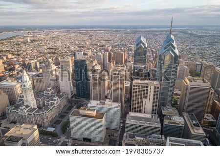 Top View of Downtown Skyline Philadelphia USA and City Hall. Skyline of Philadelphia City Center, Pennsylvania. Business Financial District and Skyscrapers in Background. Drone Point of View.