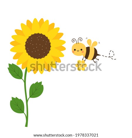 Sunflower and bee cartoon isolated on white background vector illustration.