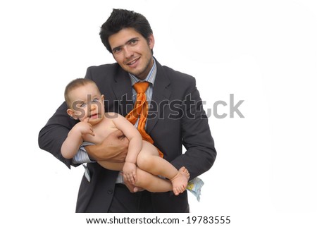 Young man with baby, isolated against a white background