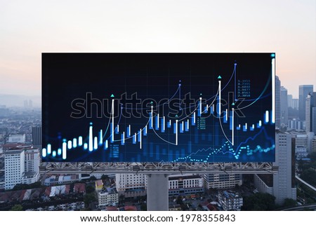 Glowing FOREX graph hologram on billboard, aerial panoramic cityscape of Kuala Lumpur at sunset. Stock and bond trading in KL, Malaysia, Asia. The concept of fund management.