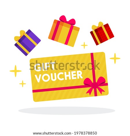 Special gift voucher card floating with group of colorful gift boxes. Creative concept of prize or reward. Simple trendy cute cartoon object vector illustration. Flat style graphic design icon. Royalty-Free Stock Photo #1978378850