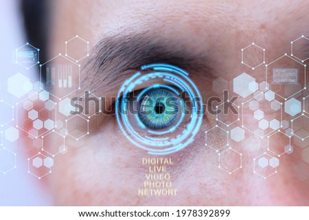 Human eye and high-tech concept, screening big data and digital transformation technology strategy, digitalization of business processes and data, High Technologies in the future