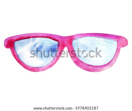 Watercolor pink sunglasses with blue lenses. A symbol of fashion, youth, success, style, elegance. Hand drawn watercolor graphic drawing on white background, cutout clip art element for design.