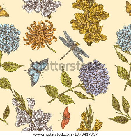 Beautiful yellow seamless pattern with garden flowers, butterfly and dragonfly. Hydrangea, gladiolus and chrysanthemum. Color. Engraving style. Vector illustration.