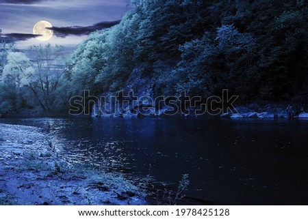 river flow under the rock at night. beautiful nature landscape in spring. deciduous trees on the shore in full moon light