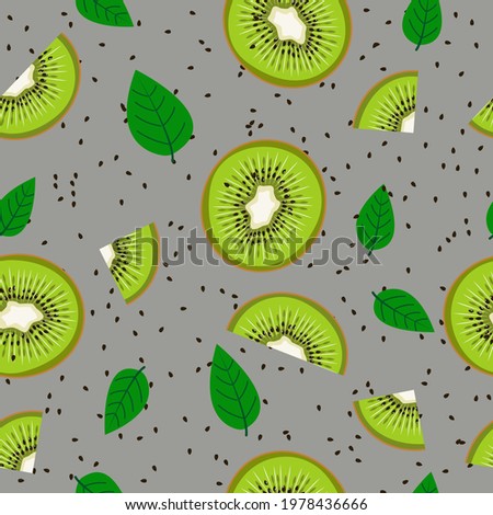 Seamless pattern of kiwi pieces and leaves on a gray background. A natural pattern.