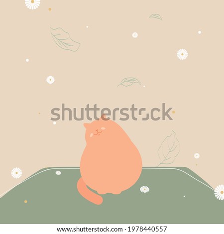 Super fat cat with daisy flower background. Graphic illustration with abstract art. Cat sitting.
