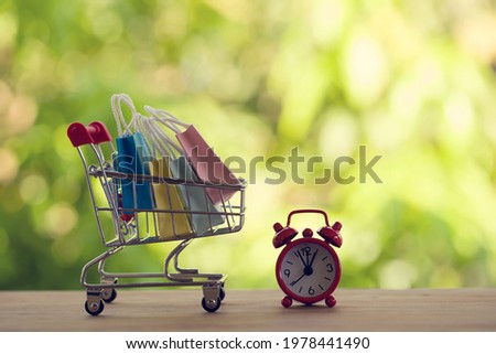 Red analog clock with shopping cart or a supermarket shopping basket and shopping bag on wood table. Fast delivery, time value of money concept : depicts the time is of the essence in our daily life.